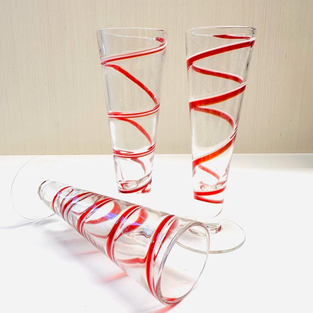 Three Vintage Art Glass Red White Swirl Shot Glasses Cordials Barware